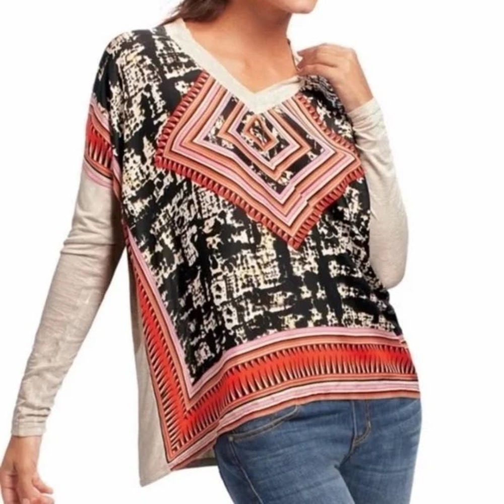 Cabi Aztec Print Silk Front Long Sleeve Top Oatmeal 768 - XS